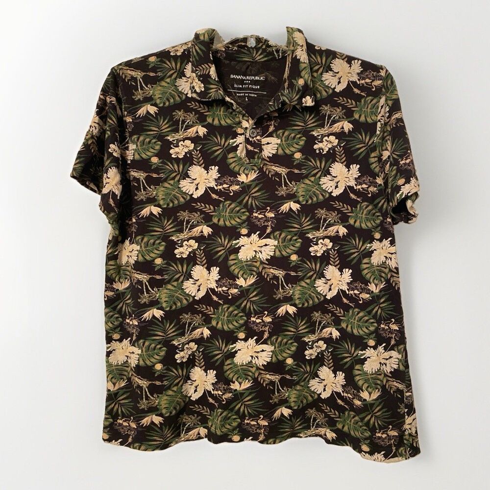 Banana Republic Mens Pique Polo Shirt M Black Tropical Floral Hibiscus Cotton